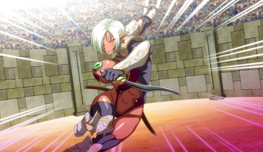 1girls anime_screencap armor breasts bunnywalker dark-skinned_female dark_elf dark_elf_female elf elf_ears elf_female green_hair hips holding_weapon kyonyuu_onna_senshi_dogeza_saimin large_breasts looking_at_viewer medium_hair ova pointy_ears screencap screenshot t-rex_(animation_studio) thighhighs thighs tummy viola_auris yellow_eyes