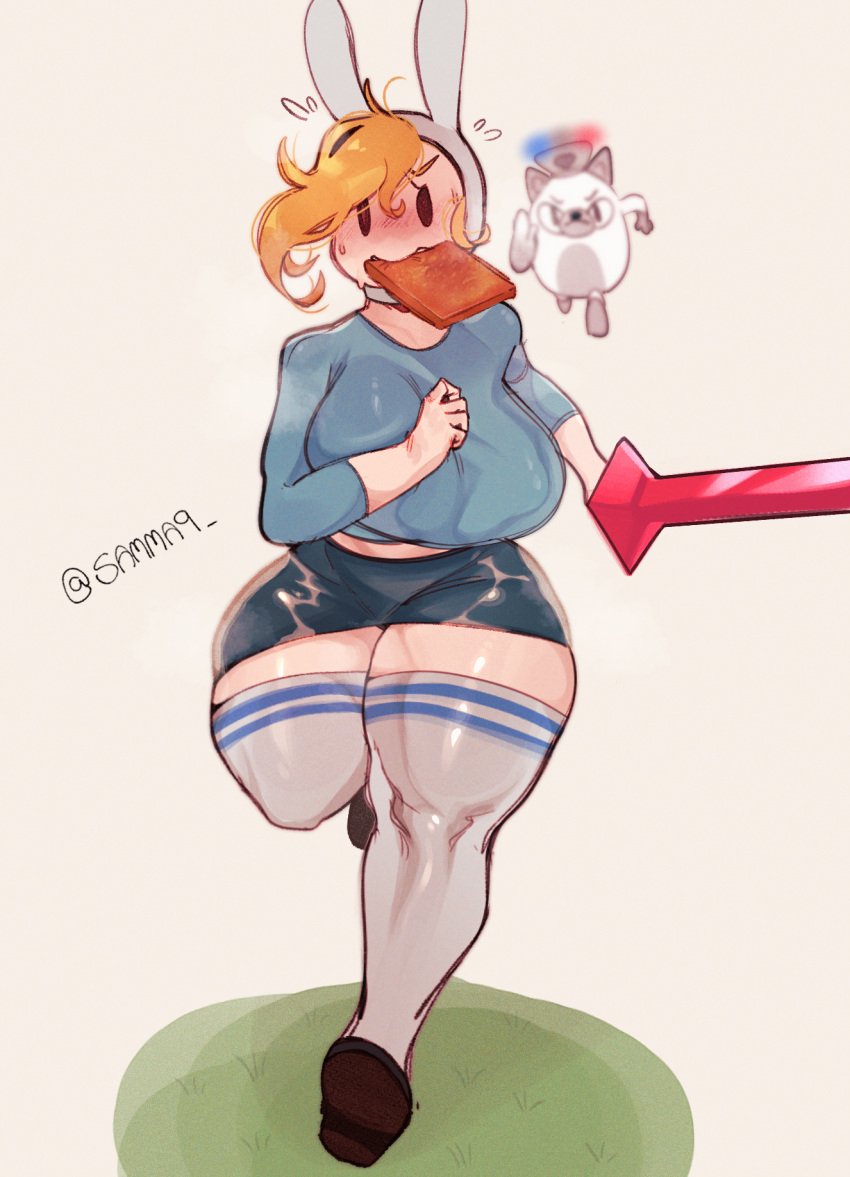 2girls adventure_time adventure_time:_fionna_&_cake alternate_breast_size blonde_hair bread_on_mouth bread_slice bread_slice_on_mouth cake_the_cat clothing feline female fionna_the_human_girl footwear headwear human large_breasts meme pale_skin running samma9 weapon