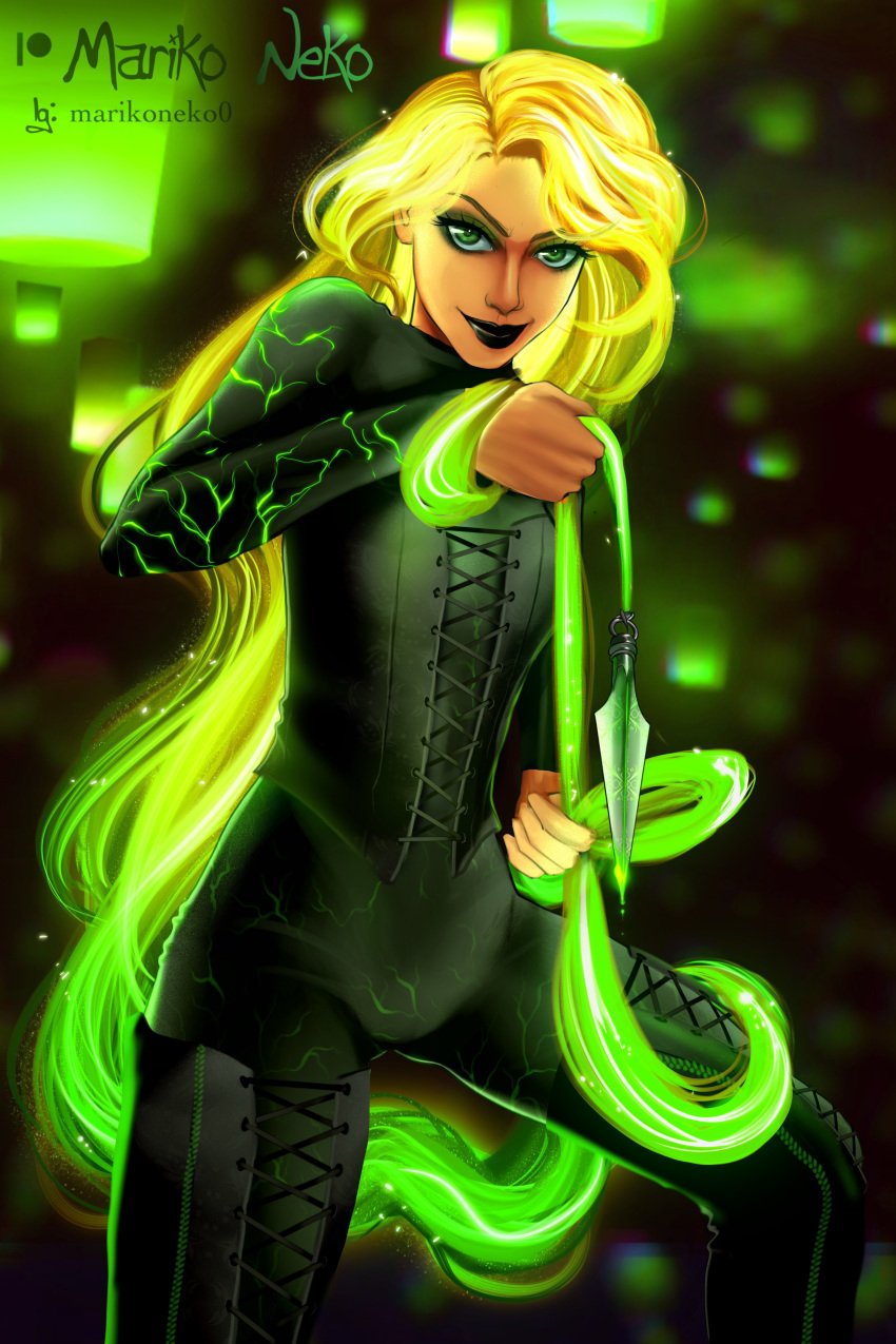 1girls black_lipstick blonde_hair bodysuit clothed dagger disney disney_princess evil_grin female female_focus female_only fighting_stance green_bodysuit knife long_hair marikoneko marikoneko0 rapunzel solo tangled text