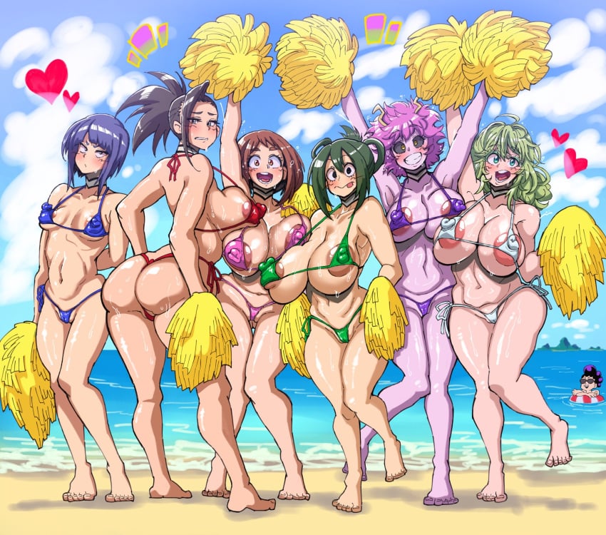 1boy 6+girls 6girls ashido_mina asui_tsuyu bikini black_hair boku_no_hero_academia breasts brown_hair cheerleader cheerleader_uniform erect_nipples female female_focus floating green_hair hagakure_tooru hagakure_tooru_(visible) horns jirou_kyouka kyoka_jiro looking_at_viewer male micro_bikini mina_ashido mineta_minoru minoru_mineta momo_yaoyorozu multiple_girls my_hero_academia ochako_uraraka pink_hair pink_skin purple_hair shounen_jump smile take_your_pick tooru_hagakure tooru_hagakure_(visible) tsunapiko tsuyu_asui uraraka_ochako water yaoyorozu_momo