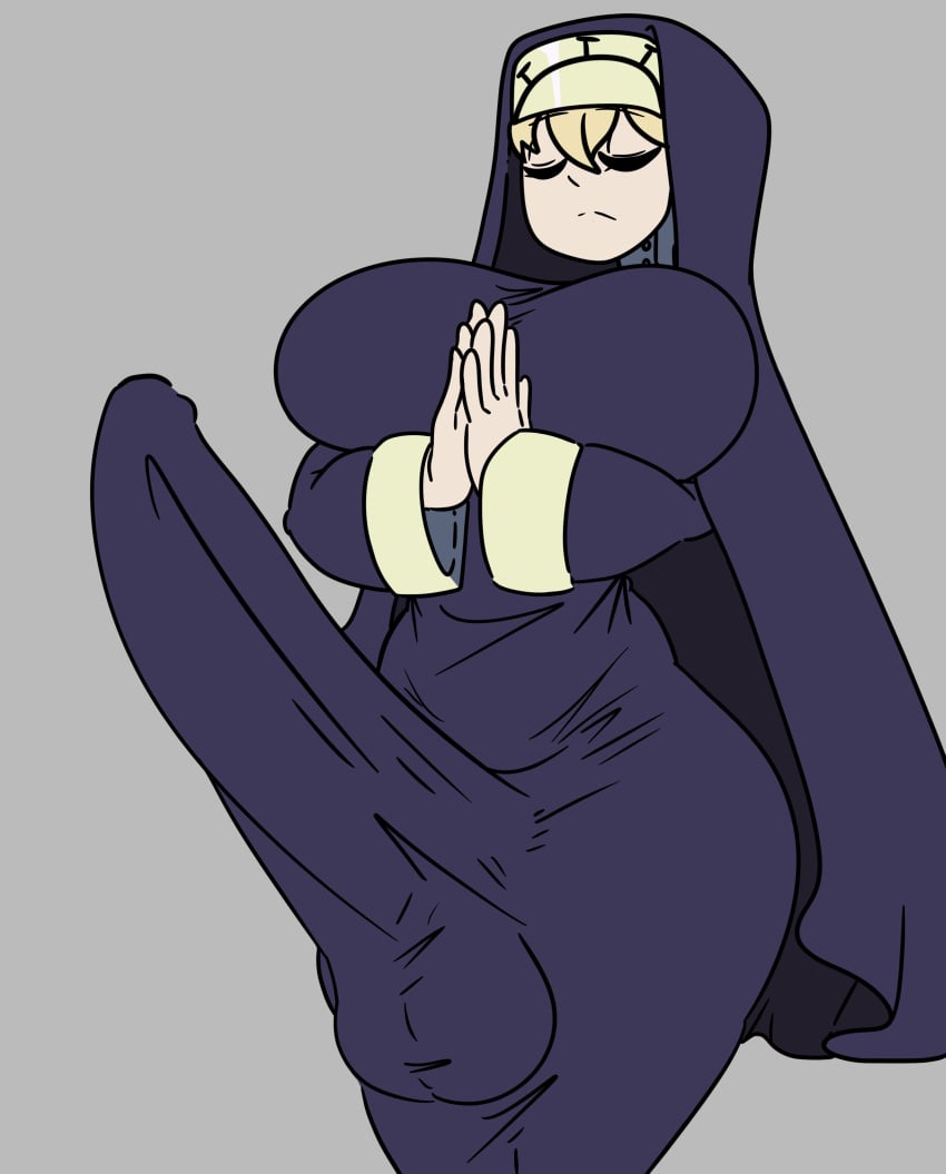 1futa balls big_balls breasts bulge clothed clothing double_(skullgirls) erection erection_under_clothes fully_clothed futa_only futanari huge_breasts huge_cock human impossible_clothes inakotho light-skinned_futanari light_skin long_penis nun penis penis_bigger_than_body praying skullgirls solo standing tenting thick_thighs wide_hips