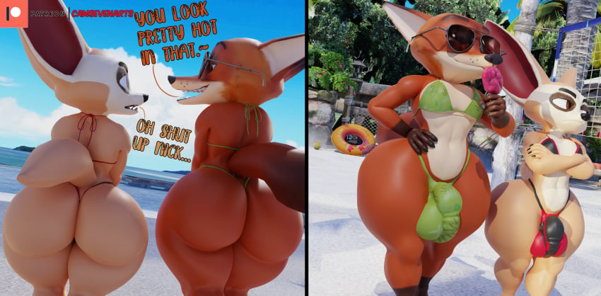 3d_(artwork) absurd_res anthro ass big_ass big_butt bikini bikini_thong bulge camseven canid canine clothed clothing crossdressing dialogue digital_media_(artwork) disney femboy fennec finnick fox genital_outline girly hi_res huge_ass huge_butt male mammal nick_wilde penis_outline swimwear thick_thighs wide_hips zootopia