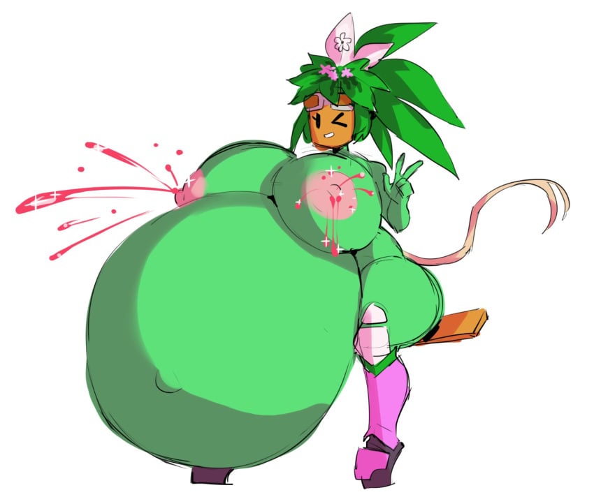 blaster_master blaster_master_zero_2 borvar breast_expansion breasts cum_inflation flora_fauna huge_belly hyper hyper_pregnancy inflation kanna_(blaster_master) lactating lactation peace_sign plant plant_girl plant_humanoid plantie pregnant topless unusual_lactation watermelon_juice