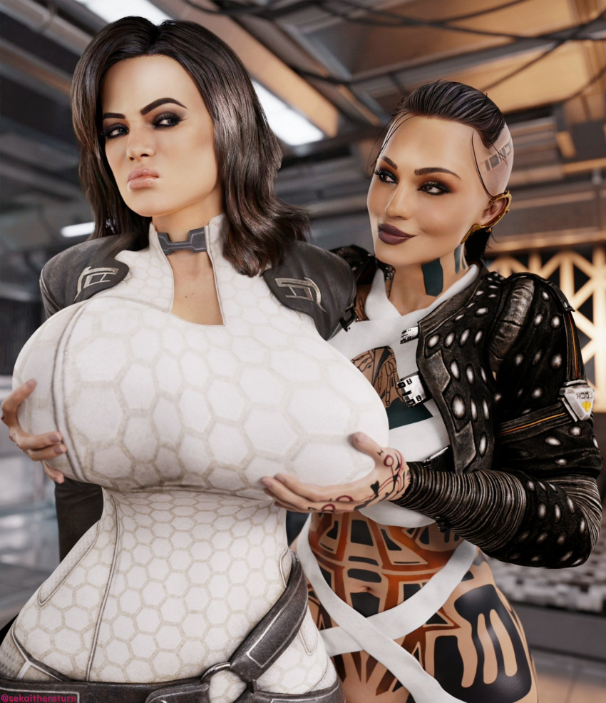 2girls 3d ass athletic athletic_female big_ass big_breasts bioware black_hair breasts bubble_ass bubble_butt bust busty curvaceous curvy curvy_figure dark_hair digital_media_(artwork) electronic_arts eyebrows eyelashes eyes fat_ass female female_focus female_only fit fit_female hips hourglass_figure huge_breasts human jack_(mass_effect) large_ass large_breasts light-skinned_female mass_effect mass_effect_2 mass_effect_3 miranda_lawson pawg sekaithereturn subject_zero thick thick_ass thick_legs thick_thighs thighs top_heavy upper_body voluptuous watermark wide_hips yuri