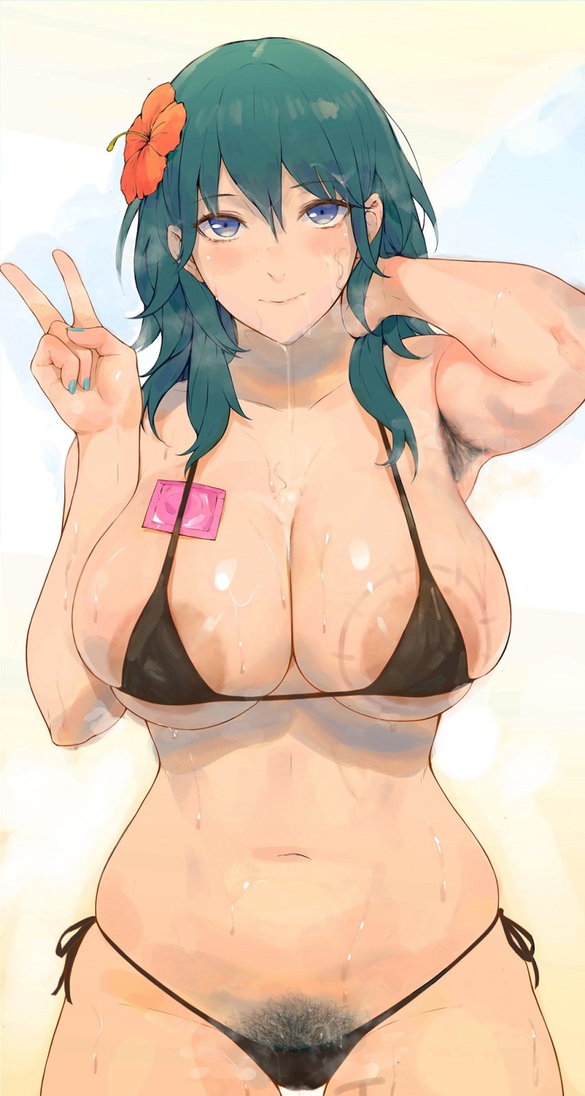 1girls after_fellatio after_oral after_sex alternate_costume areola_slip areolae areolae_slip arm_behind_head armpit_hair armpits bare_shoulders bikini black_bikini black_swimsuit blue_eyes blue_hair blush body_writing breasts byleth_(female)_(fire_emblem) byleth_(fire_emblem) byleth_(fire_emblem)_(female) cleavage collarbone condom cum cum_in_mouth cum_on_breasts cum_on_chin cum_on_face female female_armpit_hair female_only female_pubic_hair fire_emblem fire_emblem:_three_houses flower green_nails hair_flower hair_in_mouth hair_ornament hairy_armpits heavy_breathing hibiscus highres large_breasts laserflip looking_at_viewer medium_hair musk nail_polish navel nintendo pubic_hair pubic_hair_in_mouth pubic_hair_peek revealing_clothes rosaline sideboob sidelocks smile solo solo_female steaming_body steamy_armpits steamy_pussy stray_pubic_hair sweat sweaty swimsuit tally tally_marks tan teal_hair thighs underboob upper_body v vaginal_penetration