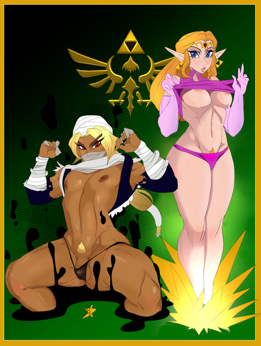 1boy 1boy1girl 1girls background beau_chxn blonde_hair both_genders both_sexes_in_same_situation bulge bulge_through_clothing dark-skinned_male darkness elf_ears elf_female female femboy gender_transformation genderswap genderswap_(ftm) hylian light light-skinned_female long_hair male ninja nintendo ocarina_of_time partially_clothed penis_in_panties penis_in_thong princess_zelda selfcest sheik sheikah the_legend_of_zelda torn_clothing zelda_(ocarina_of_time)