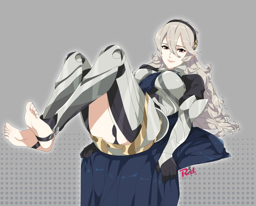 1girls armor armored_dress artist_logo ass bare_thighs big_ass black_hairband black_panties blue_cape breasts cape closed_mouth clothing_cutout commentary corrin_(female)_(fire_emblem) corrin_(fire_emblem) corrin_(fire_emblem)_(female) english_commentary eyelashes feet female female_only fire_emblem fire_emblem_fates full_body grey_background grey_hair hair_between_eyes hairband highres inner_thighs knees_up legs lips looking_at_viewer lying medium_breasts nintendo no_shoes on_back panties patterned_background pointy_ears r3dfive red_eyes shadow sidelocks soles solo stirrup_legwear thigh_cutout thighs toeless_legwear toenails toes underwear