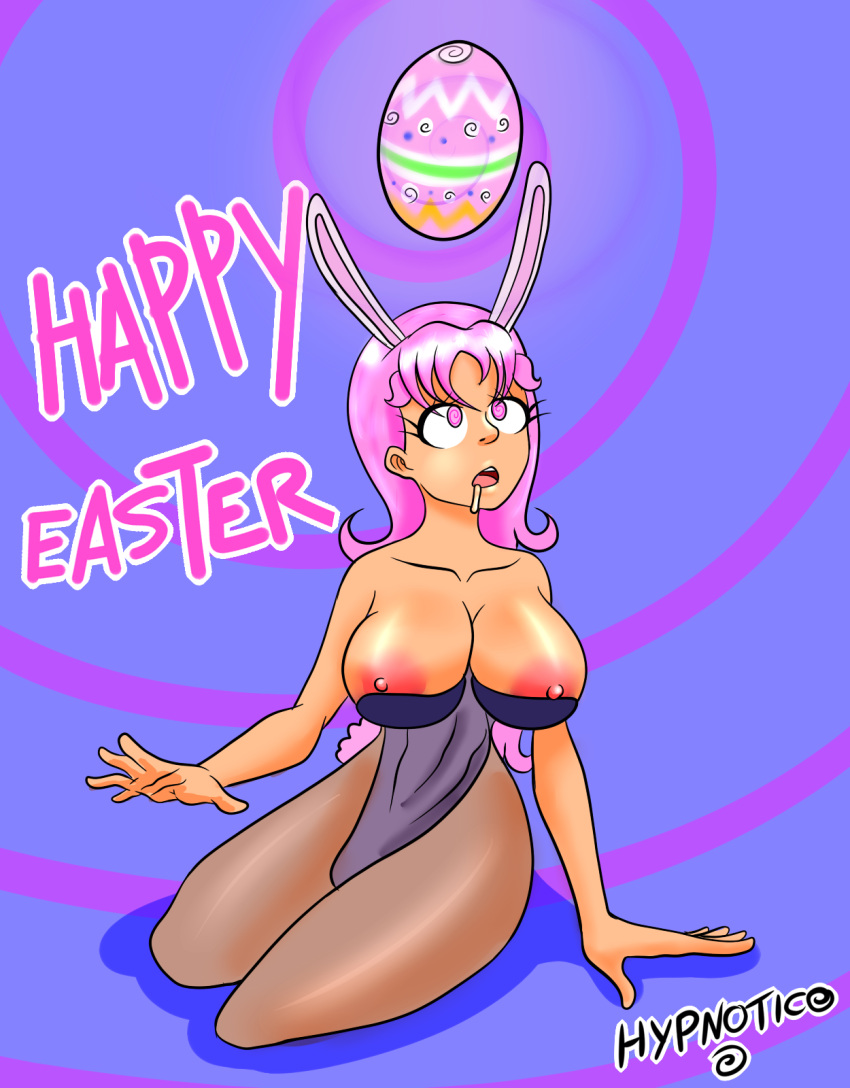 abs aiko_hajime_shin big_breasts big_breasts big_breasts big_thighs bunny_costume bunny_ears bunny_girl bunny_tail bunnysuit collarbone drool drooling easter_egg empty_eyes expressionless huge_breasts huge_breasts hypnosis hypnosis hypnotic_light hypnotico nipple_slip nipples pink_eyes pink_hair spiral_background text transparent_clothing