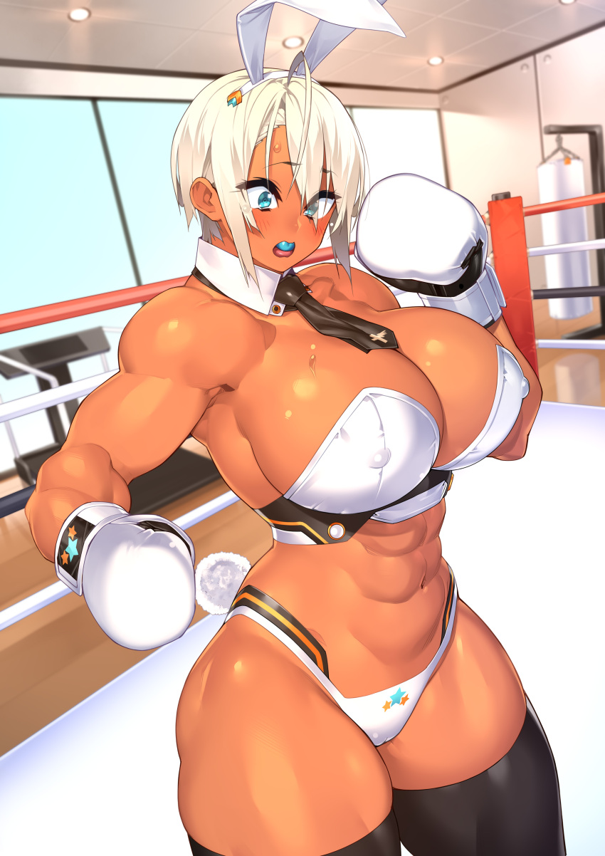 1girls abs alternate_version_available big_breasts blonde_hair blue_eyes blush blushing_at_viewer boxing boxing_gloves boxing_ring bunny_ears bunny_tail dark-skinned_female dark_skin female female_only fighting_ring gloves looking_at_viewer muscular_female nipple_bulge original sela_(sela_god) sela_god solo surprise surprised tagme thick_thighs thighs white_boxing_gloves white_gloves