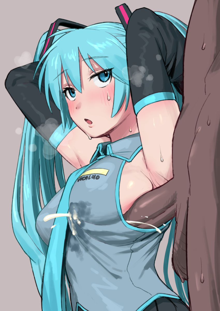 1boy 1girls absurdres armpits arms_behind_head blue_eyes blue_hair blue_necktie blush breasts clothed_female_nude_male collared_shirt cum cum_in_clothes cum_through_clothes dark-skinned_male dark_skin ejaculation female hatsune_miku highres keiichi_r18 light-skinned_female light_skin long_hair looking_at_another medium_breasts necktie open_mouth penis penis_rubbing_breast penis_to_breast penis_under_another's_clothes shirt simple_background sleeveless sleeveless_shirt solo_focus straight sweat testicles twintails vocaloid