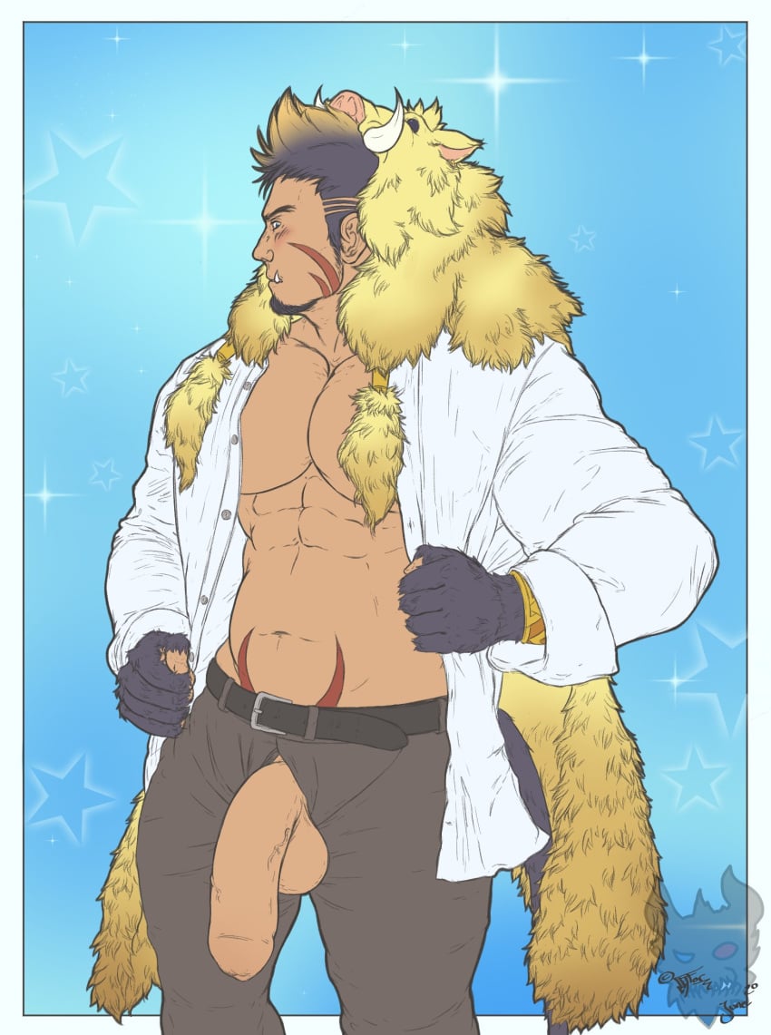 1boy abs bara blush boar brown_pants flaccid foreskin gullinbursti_(tokyo_afterschool_summoners) highres large_pectorals large_penis large_testicles looking_at_viewer male male_only pants pectorals pelt penis perverteddaemon scar scar_on_face shirt solo testicles tokyo_afterschool_summoners veins veiny_penis white_shirt