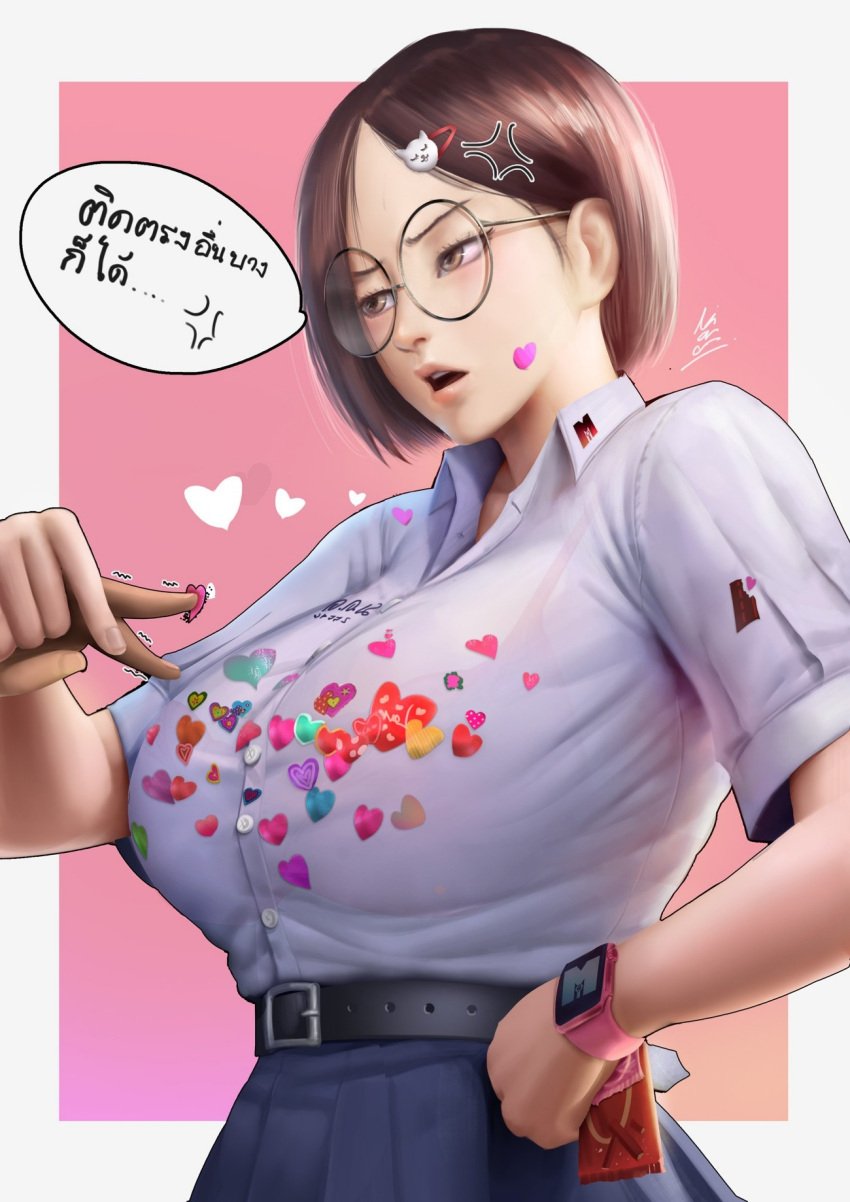 big_breasts clothed glasses moidukdum school_uniform schoolgirl suggestive thai thai_text tight_clothing