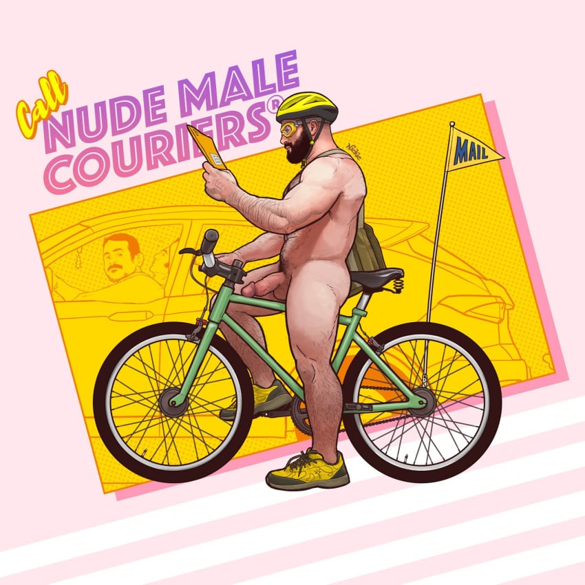 bag balls beard bicycle bicycle_pump bike casual courier english_text facial_hair footwear goggles headwear human male male_only nickie_charles nude pale_skin penis public shoes solo solo_male text