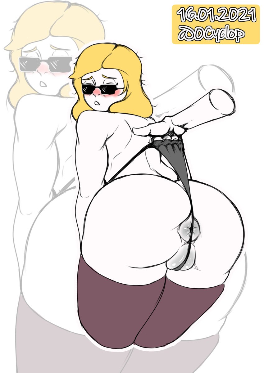 0cyclop 1girls anus big_anus blonde_hair blush disembodied_hand leaning_forward let_me_explain_studios looking_back mama_parham pussy rebeccas_mom short_hair sunglasses thighhighs tinted_eyewear wedgie white_skin youtube