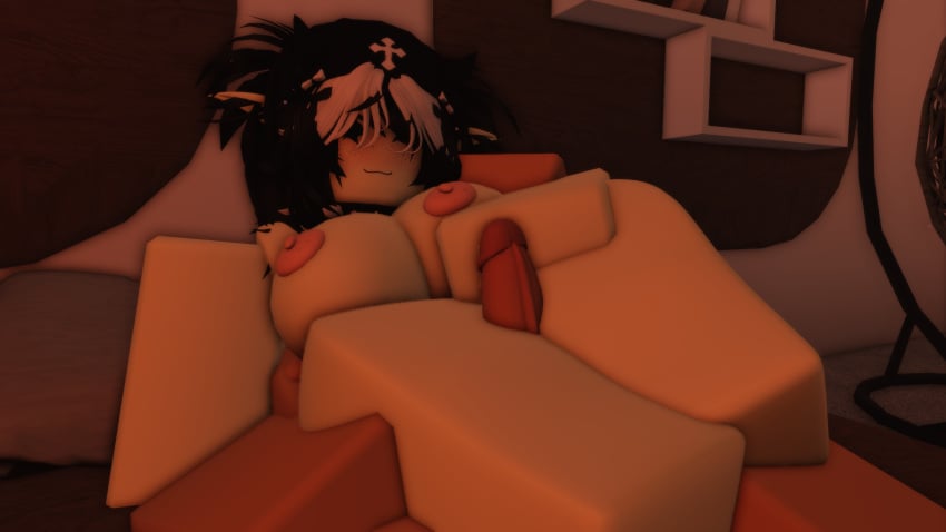 1boy 1girls 3d black_hair goth_girl matingpressgod roblox robloxian source_request tagme thigh_sex yellow_skin