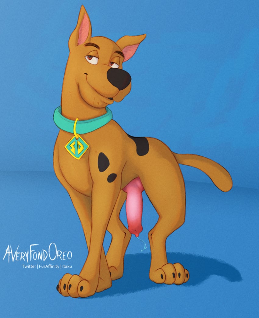 1boy animal_genitalia animal_penis averyfondoreo bedroom_eyes big_penis bodily_fluids brown_body brown_eyes brown_fur canid canine canine_genitalia canine_penis canis collar collar_only domestic_dog feral feral_only fur genital_fluids genitals great_dane hanna-barbera hi_res knot male male_only mammal markings mastiff molosser narrowed_eyes nude paws penis precum scooby-doo scooby-doo_(character) seductive solo spots spotted_markings tail