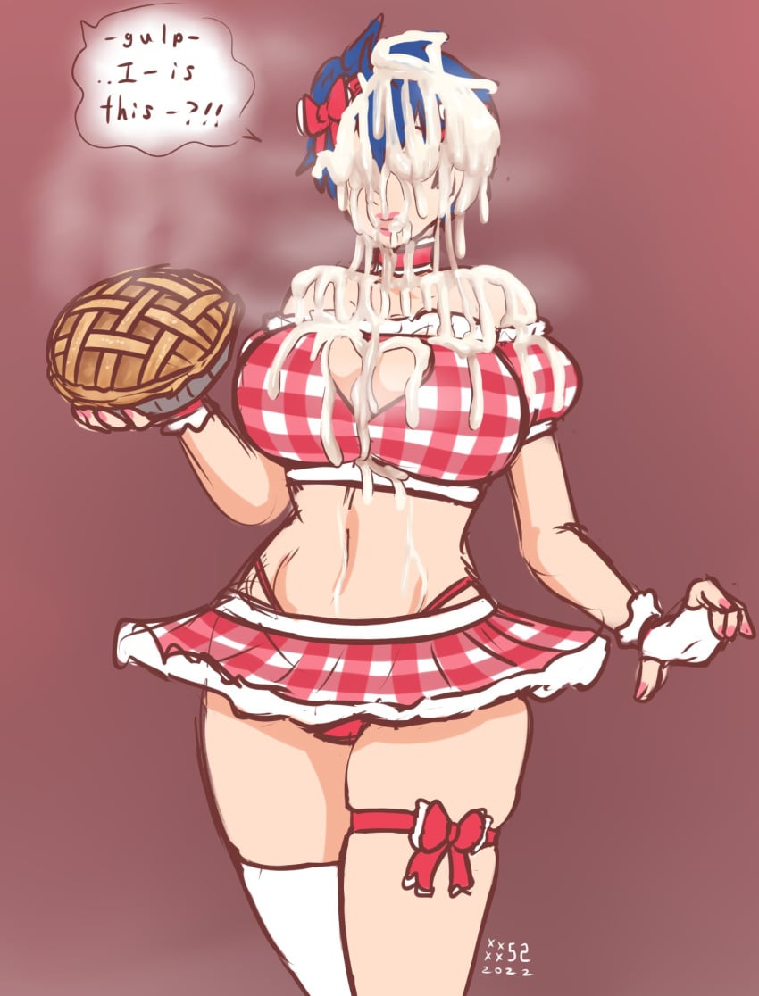 1girls aik_(xxxx52) blue_hair checkered_shirt checkered_skirt cleavage_cutout covered_in_cum cum dialogue female female_focus female_only pi_day pie solo solo_female solo_focus tagme xxxx52