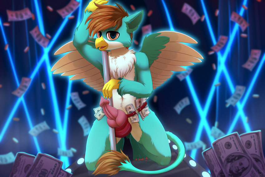 1boy anthro anthro_only avian beak dinoalpaka feral gryphon hasbro hi_res knot male male_only money my_little_pony mythological_avian mythology pole pure_gold_(oc) solo solo_focus strip_club stripper stripper_pole tail tail_tuft tuft wings