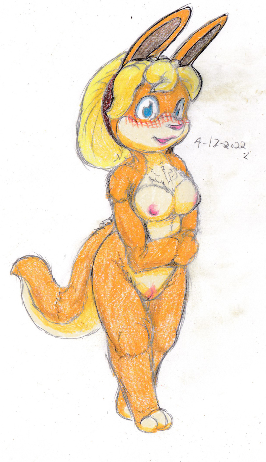 anthro blonde_hair blue_eyes blush female fur genitals hair hi_res jak_and_daxter kitsune_youkai mammal mustelid naughty_dog nipples orange_body orange_fur ottsel pink_nipples pink_pussy pussy solo sony_corporation sony_interactive_entertainment tess_(jak_and_daxter) tess_(ottsel;_jak_and_daxter)