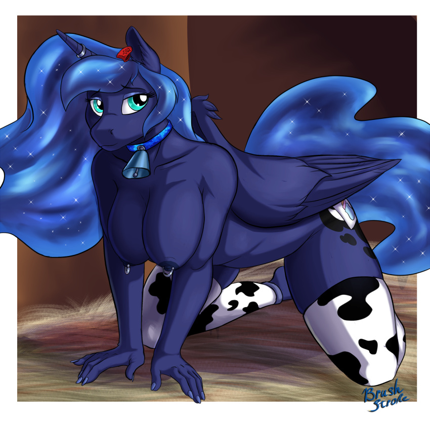 alicorn all_fours anthro anthrofied bell bell_collar big_breasts blue_body blue_hair breasts brushstroke collar cow_print cow_print_thighhighs cyan_eyes equine feathered_wings female female_only femsub friendship_is_magic furry horn_ring lingerie looking_at_viewer my_little_pony nipple_piercing nipples princess_luna_(mlp) solo solo_female stockings submissive submissive_female thighhighs unicorn_horn wings