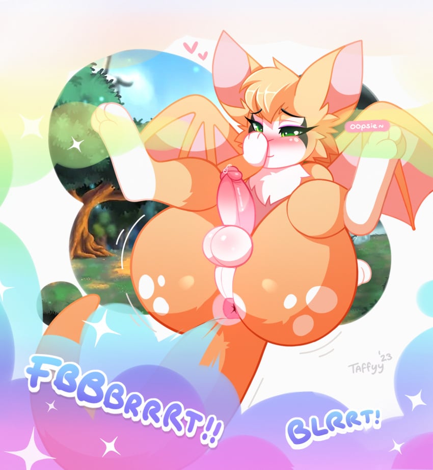 anthro anus ass balls bat big_butt blush bodily_fluids butt_focus colorful_fart covering covering_mouth dialogue dust:_an_elysian_tail fart fart_cloud fart_fetish feet fidget_(elysian_tail) fur genital_fluids genitals girly green_eyes heart hi_res humanoid_genitalia humanoid_penis lying male mammal nimbat on_back onomatopoeia orange_body orange_fur penis pink_anus pink_penis precum presenting presenting_anus presenting_hindquarters presenting_penis rule_63 solo sound_effects spread_legs spreading taffyy text white_body white_fur wings