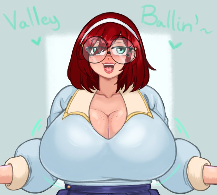 absurd_res bianca_leone_(doocen) big_breasts blush breasts curvaceous curvy curvy_figure cute dialogue digital_media doocen female female_focus female_only glasses green_eyes hairband huge_breasts original original_character pale-skinned_female smug smug_face solo solo_female solo_focus