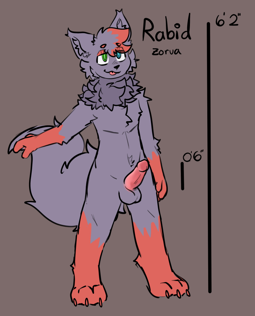 absurd_res anthro balls big_tail blep blue_eyes chart fur generation_5_pokemon genitals green_eyes height_chart hi_res male nintendo penis pokemon pokemon_(species) purple_body rabid_(zorua) red_body red_fur solo tail tongue tongue_out yeenlust zorua