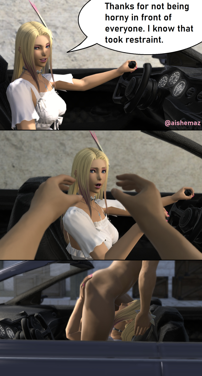 1boy 1girls audrey_dupont blonde_hair blue_eyes car deepthroat fellatio final_fantasy final_fantasy_xiv forced_fellatio hair_ornament hand_on_butt hyur long_hair looking_at_viewer makeup meme multiple_angles oral outside panels pink_highlights pink_nails pov