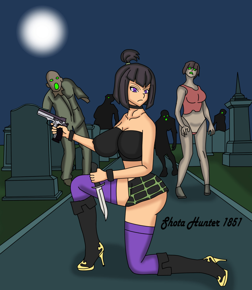 anime_style black_hair boots bottomless bottomless_female bottomless_skirt bubble_ass bubble_butt commentary_request danny_phantom female female_zombie_(resident_evil_2) ghosthunter1851(artist) goth goth_girl gothic graveyard gun handgun huge_ass huge_breasts huge_butt kneeling looking_back miniskirt outdoors pistol ponytail sam_manson short_hair stockings tombstone violet_eyes zombie