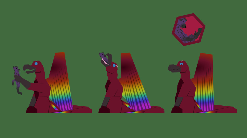 absurd_res ambiguous_gender anthro avian duo feral gryphon hi_res hyena internal jumutu mammal minimalism multicolored_tail mythological_avian mythology nijtus nijtus_(nijtus) purple_body rainbow rainbow_tail rainbow_wings red_body simple_background tail vore willing_vore wings