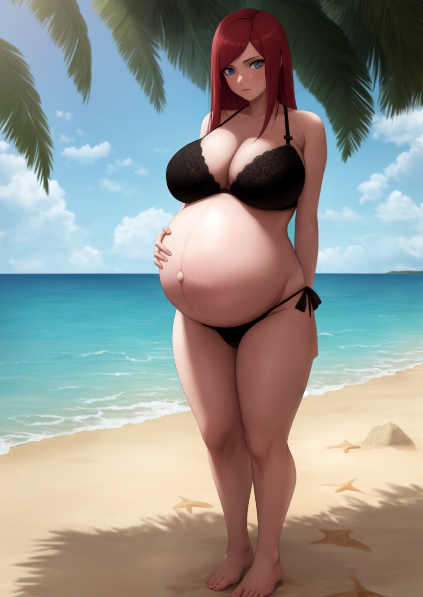 1girls ai_generated barefoot beach belly_button big_breasts bikini bikini_bottom bikini_top black_bikini black_panties black_swimsuit blue_eyes blush busty cleavage feet female female_focus female_only hi_res high_resolution highres large_breasts light-skinned_female light_skin long_hair looking_at_viewer mature mature_female milf nai_diffusion naruto naruto_(series) naruto_shippuden ocean pale-skinned_female pale_skin panties pregnant pregnant_belly pregnant_female red_hair shounen_jump solo solo_female solo_focus spaze42 stable_diffusion swimsuit thick_thighs thighs toes uzumaki_kushina voluptuous voluptuous_female wide_hips