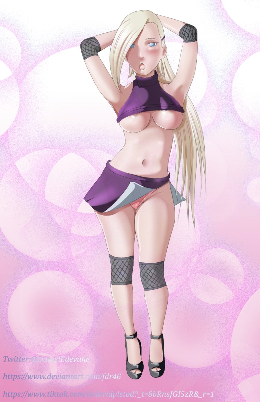 1girls adjusting_hair alternate_costume armpits arms_behind_head arms_up bare_breasts bare_legs bare_midriff blonde_hair blue_eyes blush boruto:_naruto_next_generations crop_top danieledevane elbow_pads female female_only full_body hair_ornament hair_over_one_eye hairclip heels high_heels horny horny_female ino_yamanaka knee_pads kunoichi mature mature_female milf naruto naruto_(series) naruto_shippuden ninja no_bra open_mouth open_toe_shoes panties pinup revealing_clothes shirt skimpy skimpy_clothes skirt sleeveless_shirt small_clothes solo solo_focus tied_hair tight_clothing tying_hair underboob underwear very_long_hair voluptuous