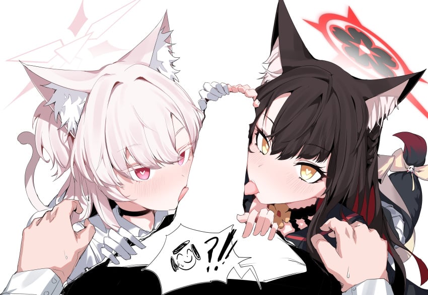 !? 1boy 2girls absurdres akira_(blue_archive) animal_ear_fluff animal_ears black_hair blue_archive blush cat_ears cat_tail censored collaborative_fellatio colored_inner_hair cooperative_fellatio doodle_sensei_(blue_archive) fellatio fox_ears fox_girl fox_tail gloves halo heart heart-shaped_pupils highres licking licking_penis long_hair looking_at_viewer male_pov multicolored_hair multiple_girls oral penis plentyofempty pov red_eyes sensei_(blue_archive) seven_prisoners_(blue_archive) shirt symbol-shaped_pupils tail teamwork wakamo_(blue_archive) white_background white_gloves white_hair white_shirt yellow_eyes