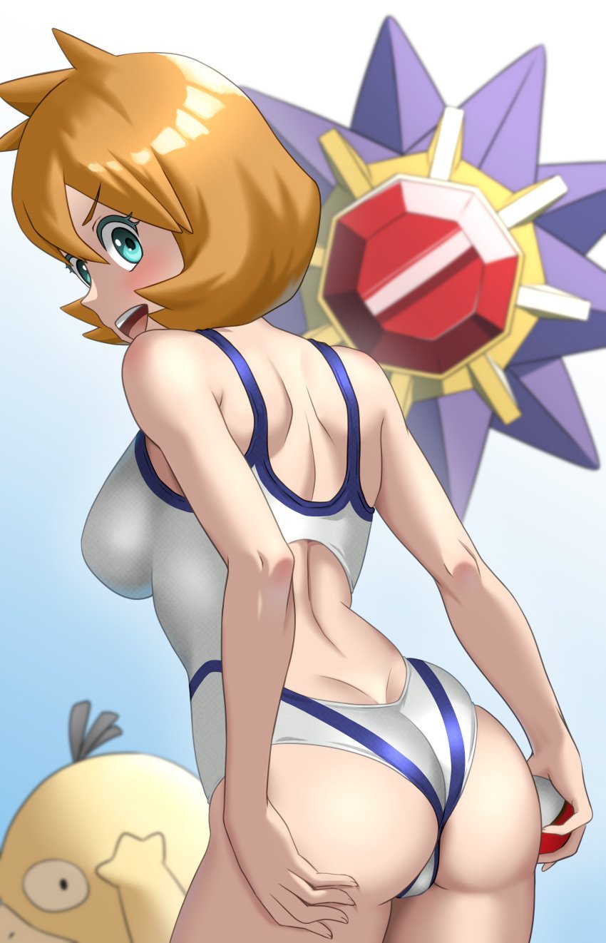 ass blush breasts creatures_(company) eyelashes female female_focus game_freak gen_1_pokemon gint=ktouka green_eyes gym_leader huge_breasts kasumi_(pokemon) kasumi_(pokemon) large_breasts legs misty_(pokemon_hgss) nintendo one-piece_swimsuit orange_hair poke_ball pokemon pokemon_(game) pokemon_hgss psyduck red_hair short_hair solo starmie swimsuit thick_thighs thighs