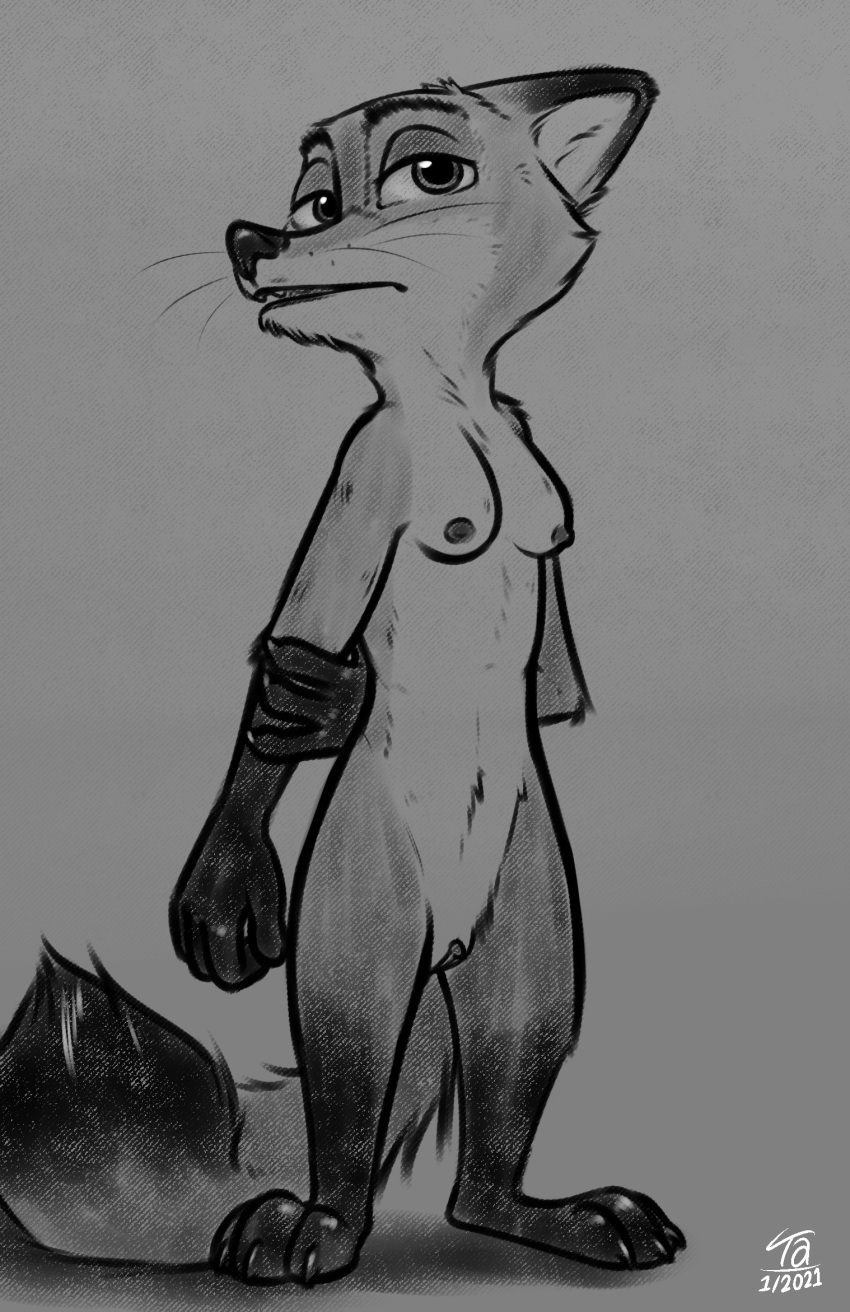 anthro breasts canid canine casual_nudity dated disney female fox genitals gloves_(marking) greyscale hi_res holding_arm leg_markings mammal markings monochrome nick_wilde nipples nude pussy rule_63 signature socks_(marking) solo tangerine_(artist) whiskers zootopia