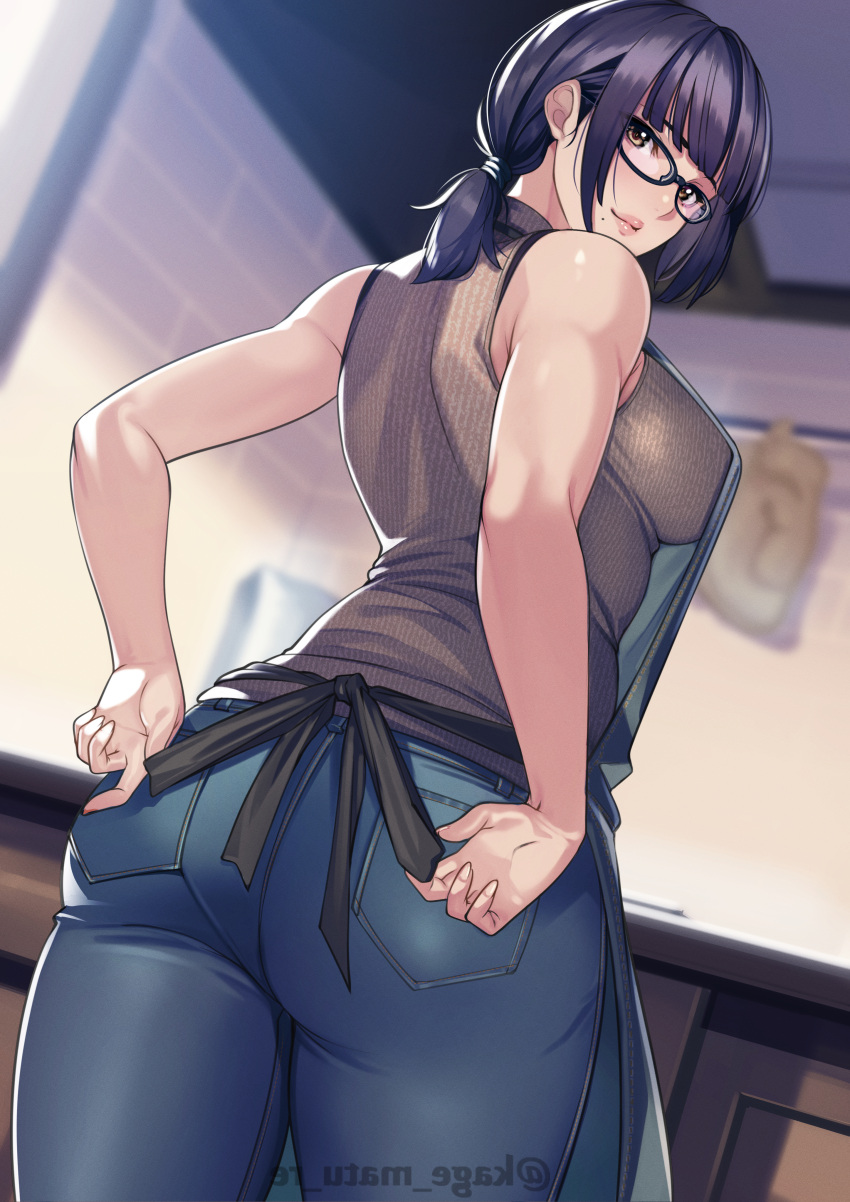 1girls apron ass bare_shoulders black-framed_eyewear blunt_bangs blurry_background breasts brown_eyes brown_shirt denim depth_of_field female female_focus from_behind glasses highres indoors jeans kagematsuri large_breasts looking_at_viewer looking_back mature_female medium_hair mole_under_mouth original original_character purple_hair shirt sleeveless smile standing