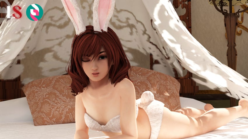 1girls amy_sorel bed bikini blender bunny_ears bunny_girl bunny_tail female_focus female_only green_eyes inviting inviting_viewer le_sandman looking_at_viewer lying_on_bed red_hair shoulder_length_hair small_breasts soul_calibur tagme white_bikini wink winking winking_at_viewer xnalara