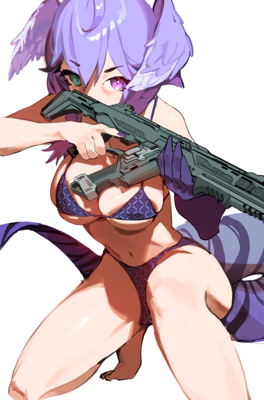 1girls ahoge bare_midriff belly_button big_breasts bikini cleavage dragon_girl dragon_hand dragon_tail exposed_torso gun hair_between_eyes hair_wings head_wings heterochromia hi_res highres holding_gun holding_weapon large_breasts legs midriff navel nijisanji nijisanji_en purple_bikini purple_hair raneblu selen_tatsuki solo solo_female solo_focus swimsuit swimwear tail twin_braids virtual_youtuber