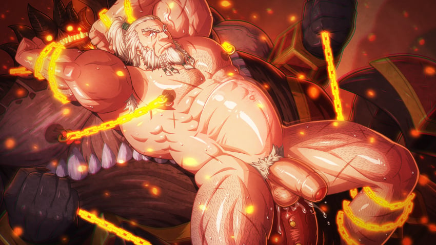 anal anal_sex balls bara beard big_penis boner chained chains demon erection facial_hair invincible male male_only muscles muscular nude penis penis_size_difference scars sex size_difference spread_legs stomach_bulge sweaty the_immortal white_hair zelo-lee