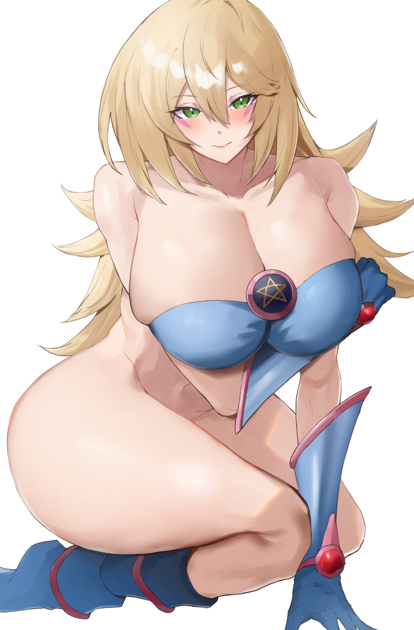 black_magician_girl blonde_hair dark_magician_girl duel_monster duel_monsters green_eyes huge_breasts kataku_musou konami looking_at_viewer no_hat no_panties seductive_smile squatting thick_ass trading_card trading_card_game trading_cards undressing voluptuous white_skin yu-gi-oh! yugioh