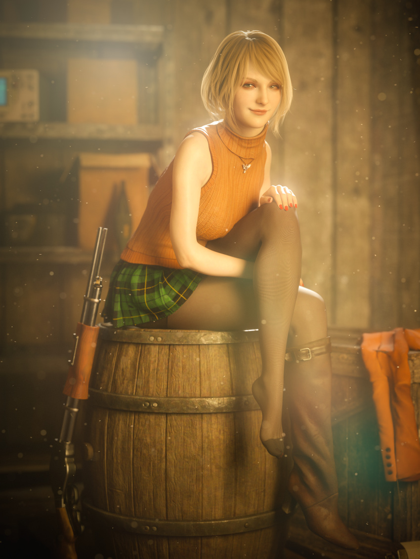 1girls 3d 3d_(artwork) ashley_graham ashley_graham_(ella_freya) barrel blazer blonde_hair boots breasts capcom clothing detailed_background feet female female_only firearm green_skirt gun heel_boots highres human hxwxrf indoors legs looking_at_viewer miniskirt necklace orange_sweater pale_skin pantyhose red_nail_polish red_nails resident_evil resident_evil_4 resident_evil_4_remake short_hair shotgun sitting skirt smile solo sweater weapon