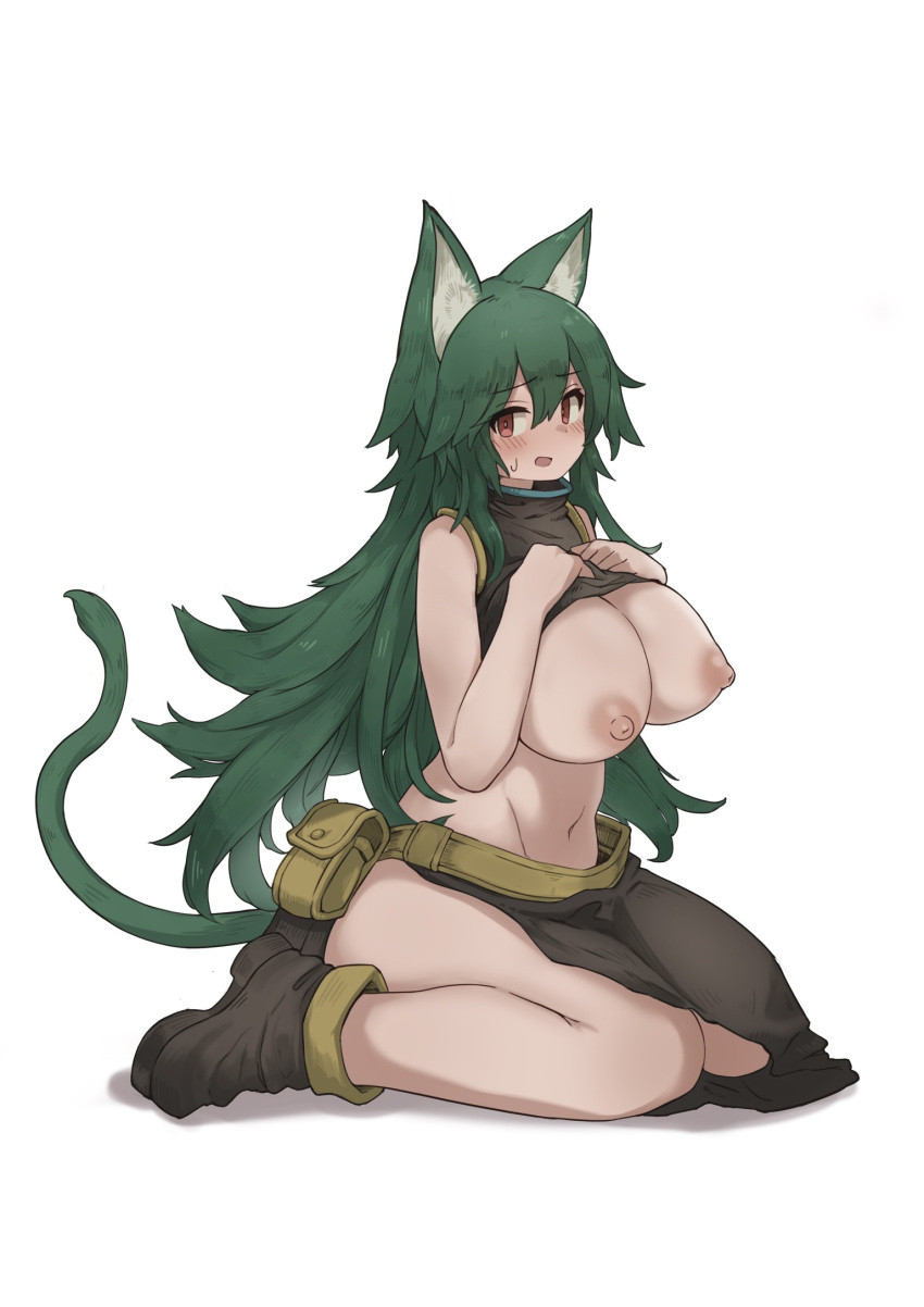 animal_ear_fluff animal_ears blush boots bowchan breasts brown_footwear brown_shirt brown_skirt cat_ears cat_girl cat_tail clothes_lift commentary_request female full_body hair_between_eyes highres large_breasts leannya lifted_by_self long_bangs long_hair looking_at_viewer messy_hair navel nipples no_headwear open_mouth red_eyes seiza shirt shirt_lift simple_background sitting skirt sleeveless sleeveless_shirt solo succubus_affection tail very_long_hair white_background