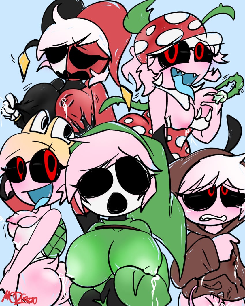 5girls bouncing_breasts cha_(ashdiary) crying demon demon_girl female female_only goomba goomba_girl koopa koopa_girl lactation mario_(series) mask masked masked_female mcdiego multiple_girls nipples nipples_touching nipples_visible_through_clothing oc original_character phanto piranha_plant piranha_plant_girl plant shy_gal shy_guy_mask sucking_nipples sucking_off tears tentacle turtle