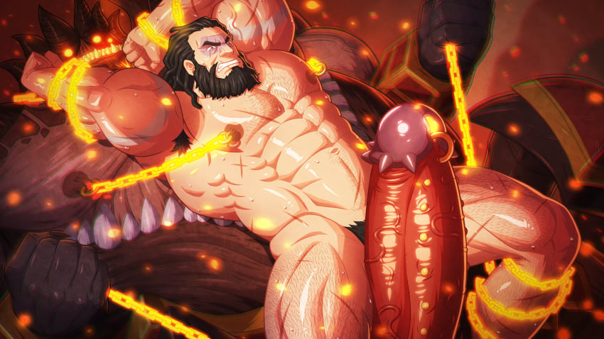 balls bara beard big_penis boner chained chains demon erection facial_hair imminent_anal imminent_sex invincible male male_only muscles muscular nude penis penis_size_difference scars size_difference spread_legs sweaty the_immortal zelo-lee