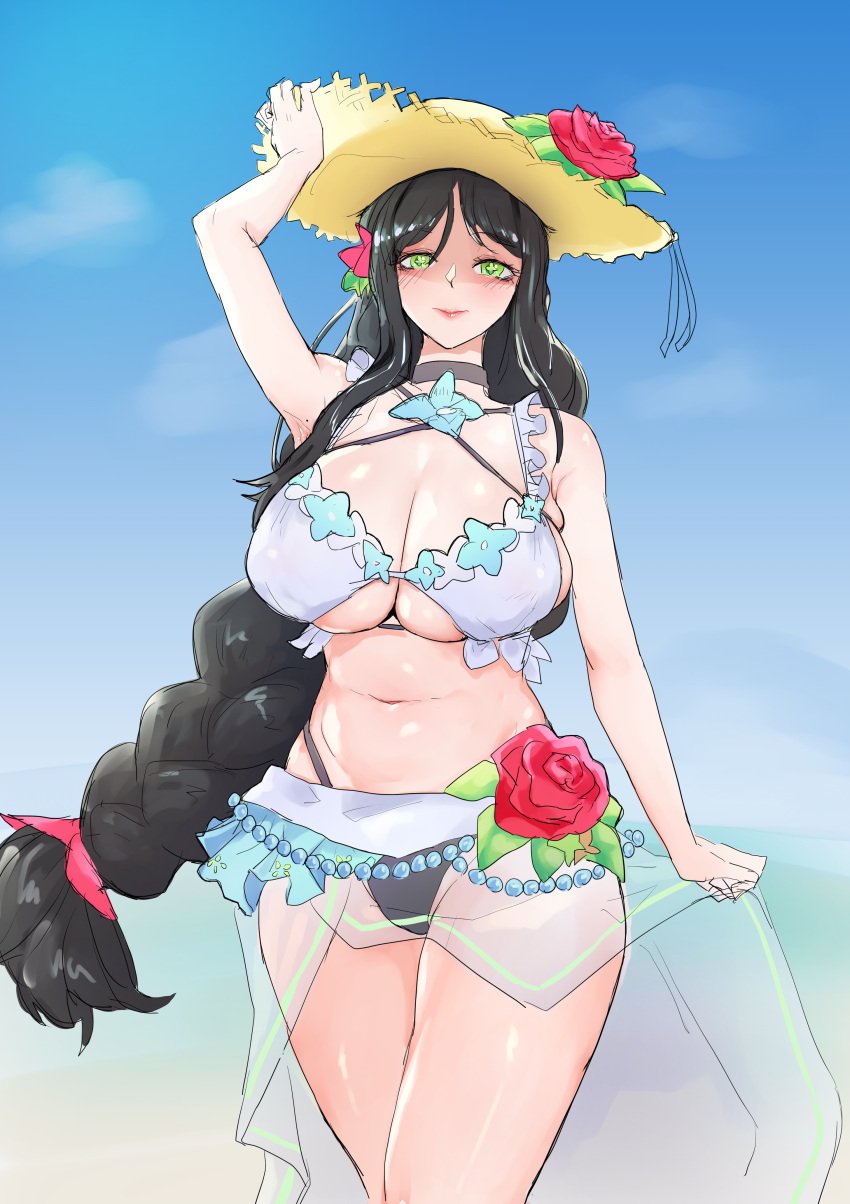 1girls 2d 2d_(artwork) artist_request beach_hat big_breasts bikini black_hair black_survival black_survival:eternal_return braided_ponytail busty female female_only giant_breasts green_eyes gweon_sua hat huge_breasts long_hair solo tagme tagme_(artist) very_long_hair voluptuous voluptuous_female wide-brimmed_hat wide_brim_hat