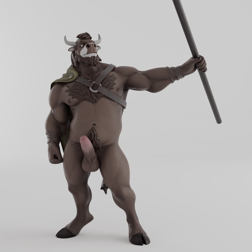 1:1 absurd_res anthro balls big_penis bovid bovine brown_body brown_fur buru_(buruthebull) buruthebull foreskin fur genitals hi_res horn humanoid_genitalia humanoid_penis male mammal muscular muscular_male nude penis tail