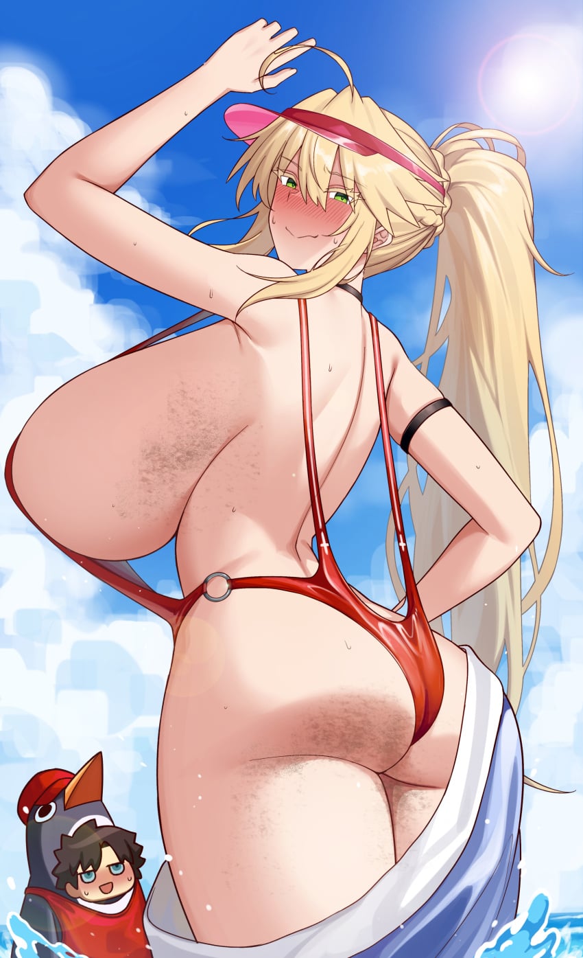 1boy 1girl absurdres ahoge animal_costume artoria_pendragon_(fate) artoria_pendragon_(lancer)_(fate) ass back blonde_hair blue_eyes blue_sky blush braid breasts brown_hair cosplay fate/grand_order fate_(series) fujimaru_ritsuka_(male) goddess_of_victory:_nikke green_eyes hair_between_eyes high_ponytail highres huge_breasts long_hair looking_at_viewer looking_back marciana_(marine_study)_(nikke) marciana_(nikke) nekosama_shugyouchuu penguin_costume penguin_squad_(nikke) ponytail red_slingshot_swimsuit red_visor_cap riyo_(lyomsnpmp)_(style) short_hair sidelocks sky slingshot_swimsuit smile swimsuit thighs visor_cap water