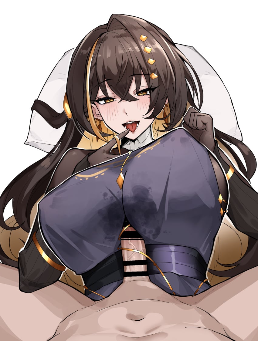 1girl absurdres bar_censor black_dress blush breasts censored commentary_request dress hetero highres kandima_(shadowverse) large_breasts looking_at_viewer lying mole mole_under_eye multicolored_hair paizuri paizuri_under_clothes shadowverse shadowverse:_worlds_beyond shirona_tomato_chan smile straddling_paizuri tongue tongue_out