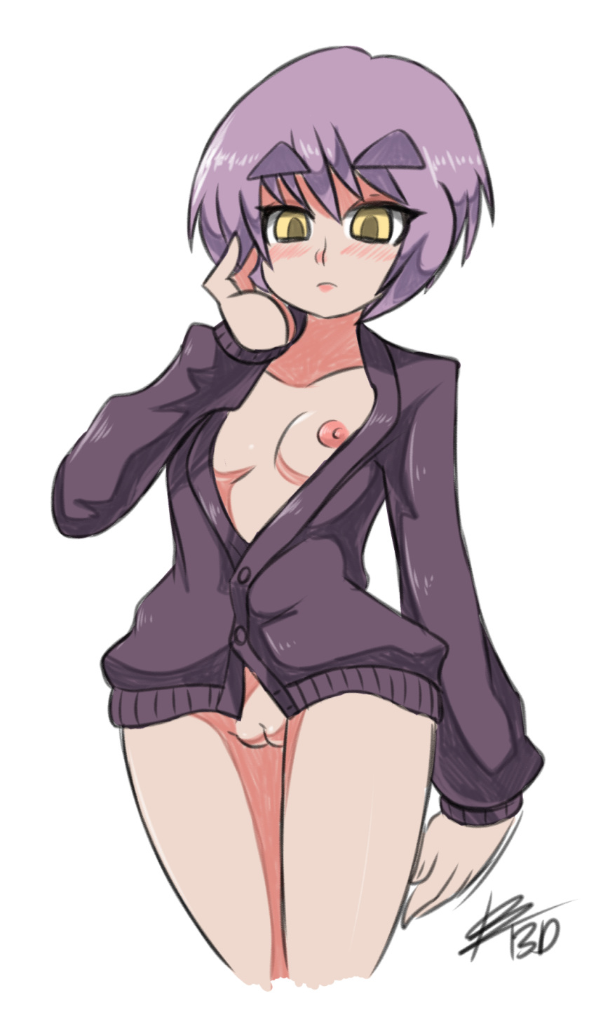 1girls bigdeadalive blush bottomless breast_slip brown_eyes cardigan cowboy_shot cropped_legs eyebrows female highres nagato_yuki naked_cardigan nipples one_breast_out purple_hair pussy pussy_juice short_hair slender_waist small_breasts solo suzumiya_haruhi_no_yuuutsu thick_eyebrows