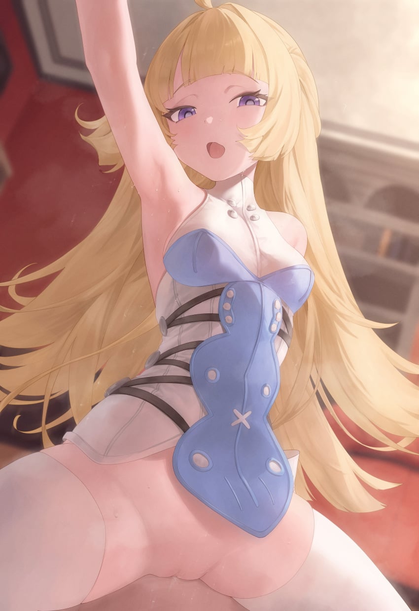 1boy 1girl absurdres armpits blonde_hair blue_shirt breasts commentary cowgirl_position gueya hetero highres long_hair looking_at_viewer male_pov norma_hollowell open_mouth paid_reward_available penis purple_eyes sex shirt small_breasts spread_legs straddling thighhighs thighs uncensored very_long_hair white_thighhighs zenless_zone_zero